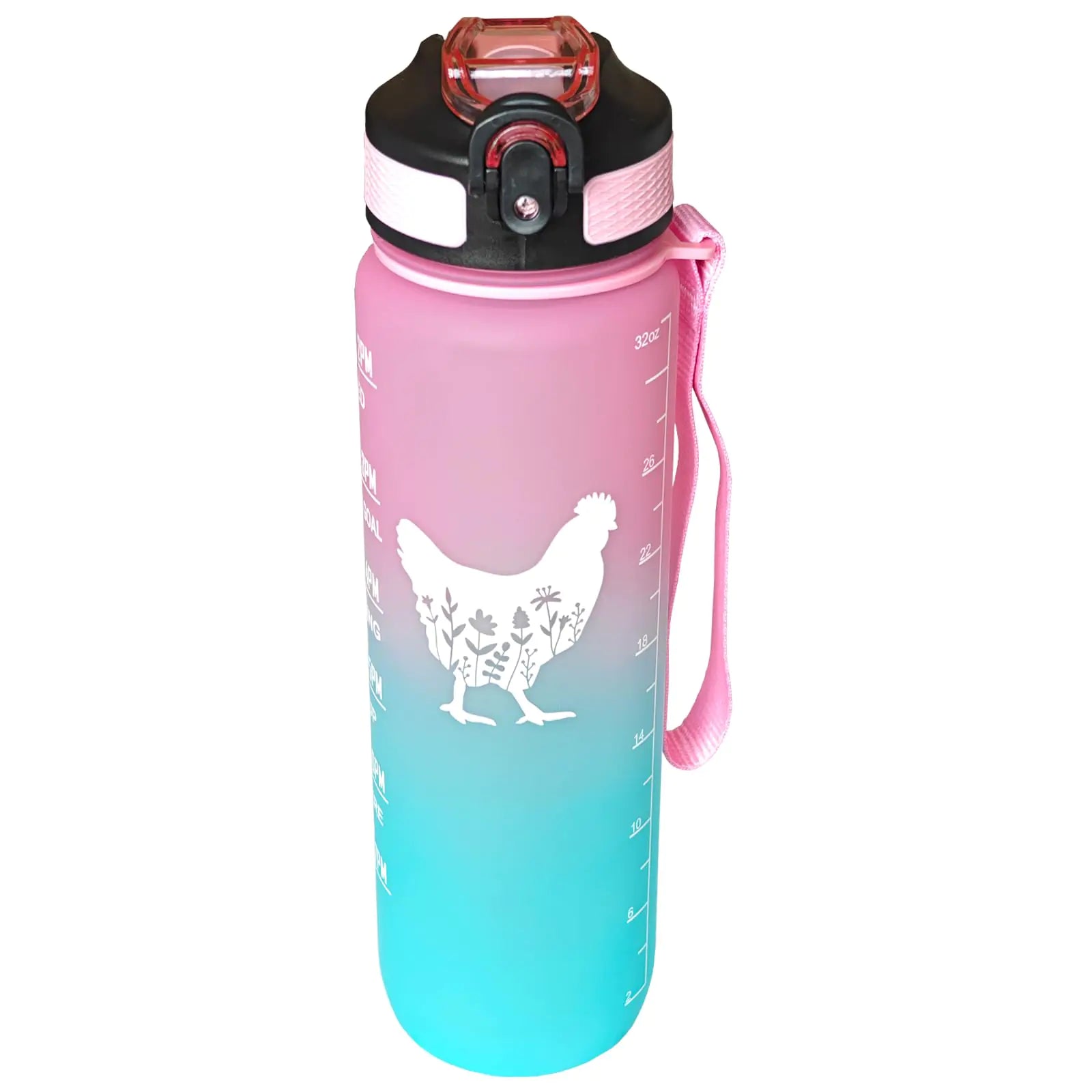 Fenmshairy Floral Chicken Water Bottle with Straw Carry Strap LeakProof Tritan BPA Free 32 Oz Motivational Water Bottle with Time Marker to Ensure Drink Enough Water for Gym Fitness Outdoor